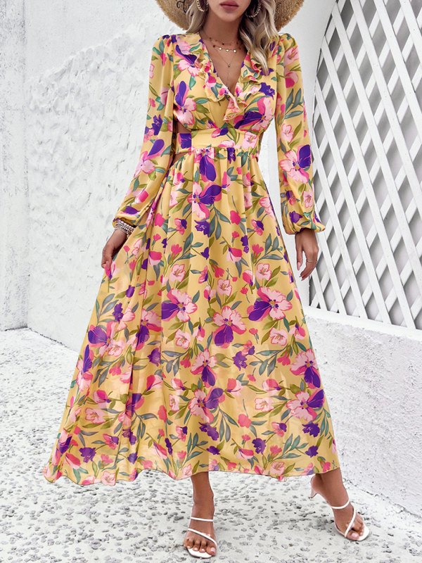New women's V-neck ruffled waist hollow holiday casual printed dress - Image 2