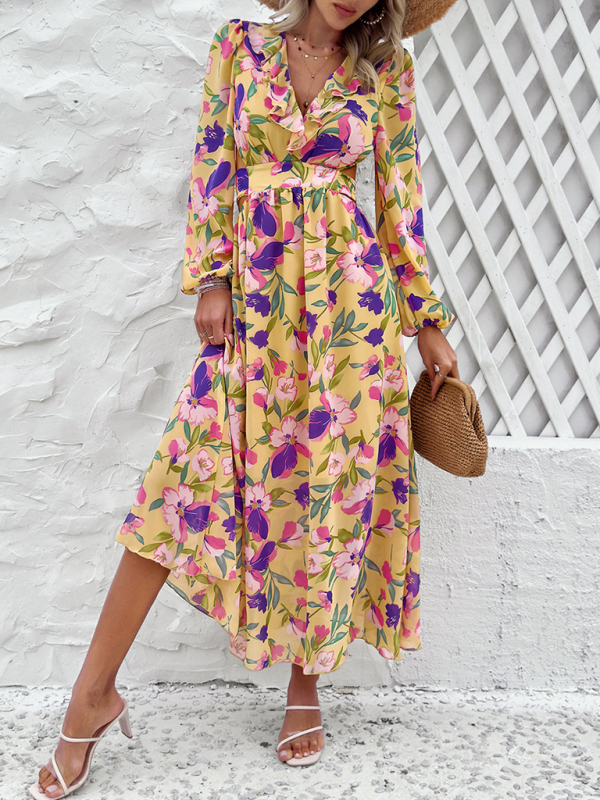 New women's V-neck ruffled waist hollow holiday casual printed dress - Image 10