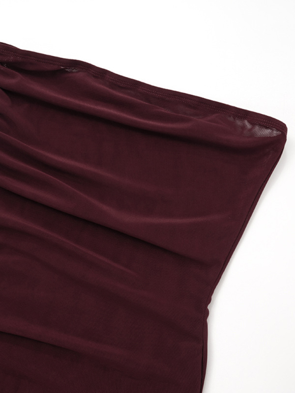 New mesh one-line collar strapless backless pleated ruffle top T-shirt - Image 3